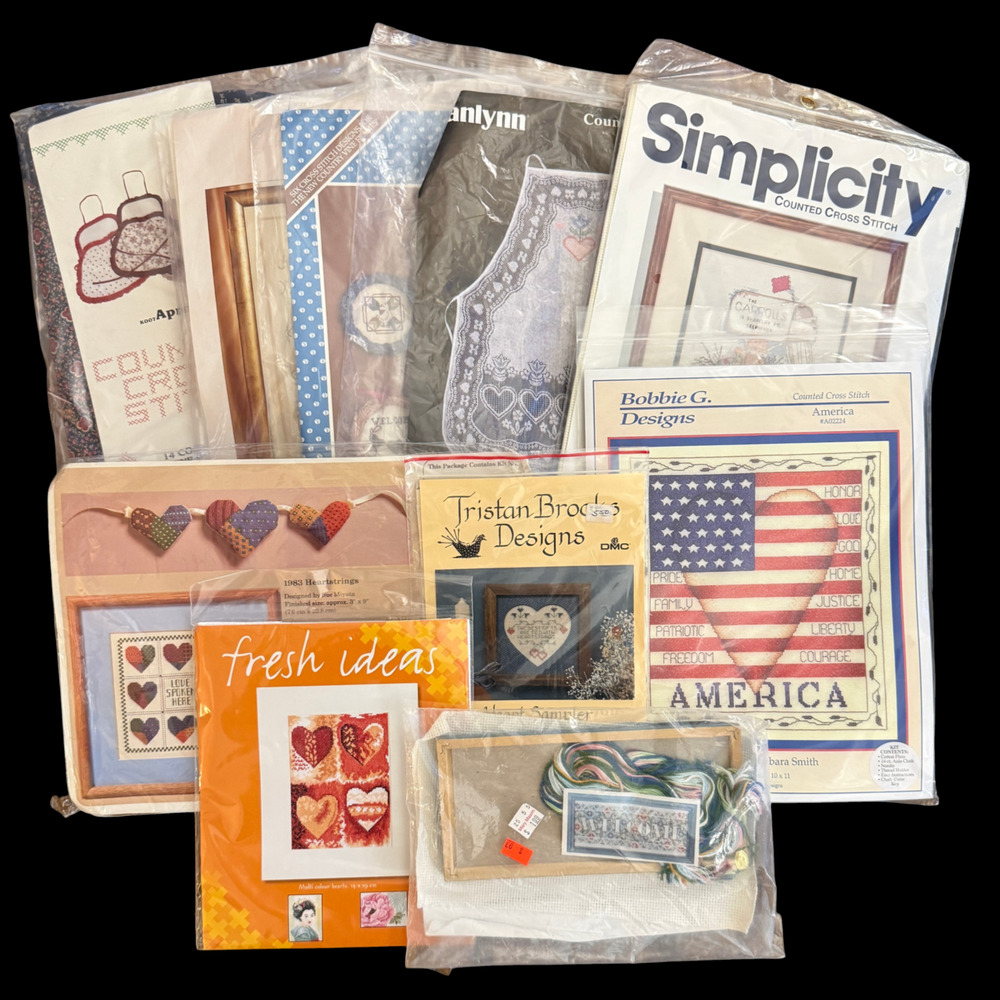 Lot of 10 Cross Stitch Kits Hearts America Verachtert Janlynn Apron Creative NOS